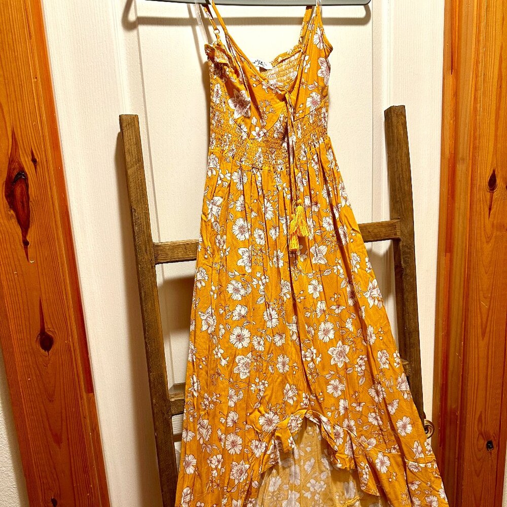 Yellow Floral Ruffled Bottom Casual Midi Dress S